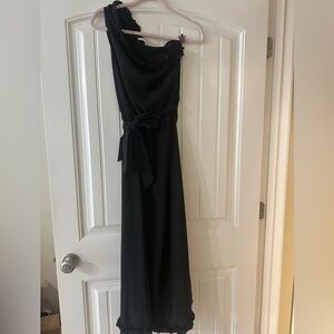 One shoulder ruffle detail maxi dress. Perfect dress for a wedding guest.